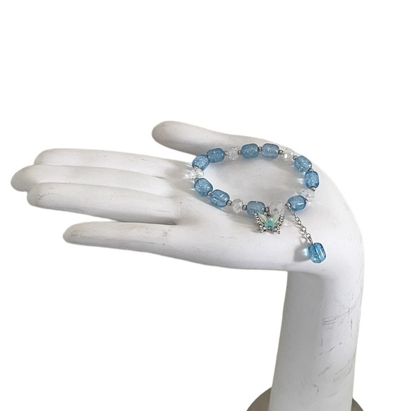Blue and Clear Beaded Stretch Small Bracelet with Butterfly Charm - Picture 6 of 17